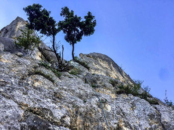 Low angle view of person on rock against sky