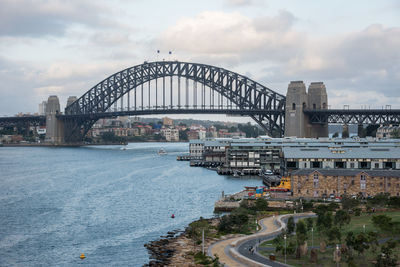 Bridge over river with city in background