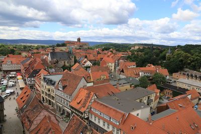 High angle view of buildings in city