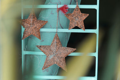 Close-up of maple leaves hanging on wall