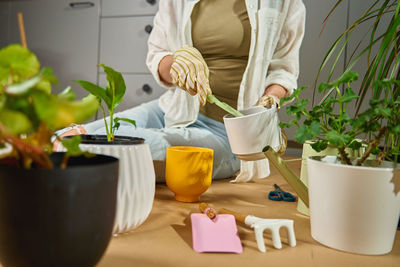 Midsection of woman holding potted plant