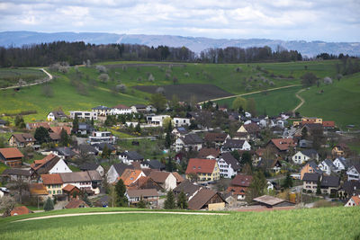 Houses on grassy field by buildings against sky