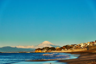 Scenic view of sea against clear blue sky