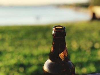 Close-up of beer bottle on field