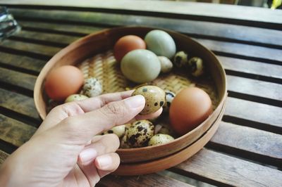 Close-up of hand holding quail egg
