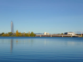 View of lake against blue sky