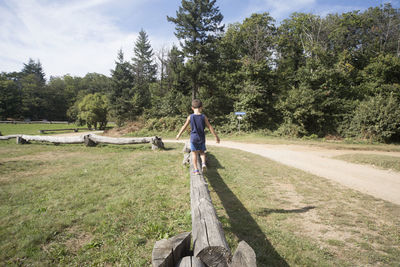 Rear view full length of boy walking on wood at land
