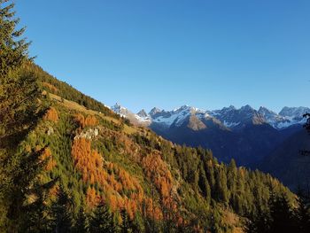 Scenic view of mountains against clear blue sky