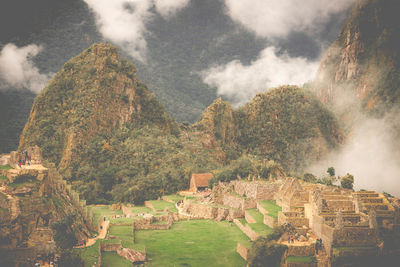 High angle view of old ruins at machu picchu