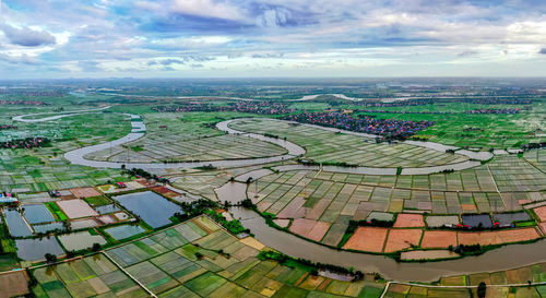 High angle view of agricultural field against sky