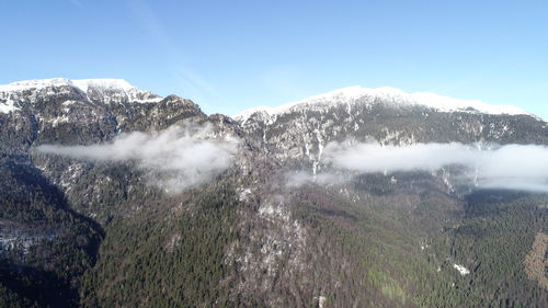 Scenic view of snowcapped mountains against clear sky