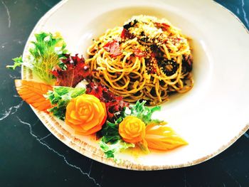 High angle view of meal served on table