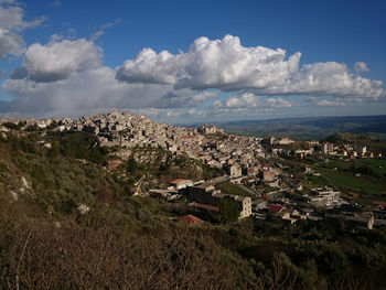 High angle view of town against sky