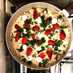 High angle view of pizza on table