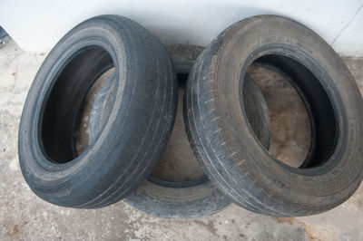 High angle view of tire track in city