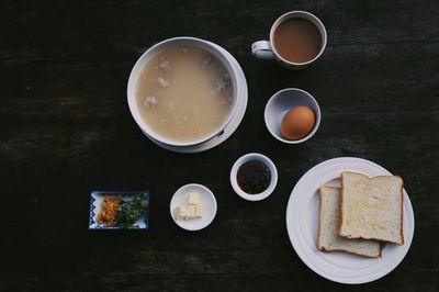 High angle view of breakfast served on table