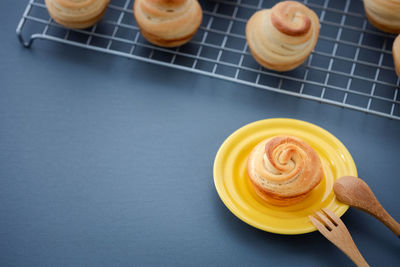 High angle view of dessert on table