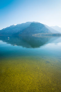 Scenic view of lake and mountains against blue sky