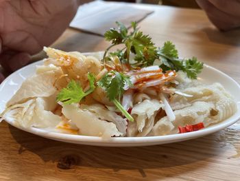 Close-up of hand holding food in plate
