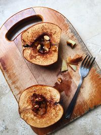 High angle view of bread on cutting board
