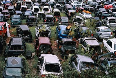 High angle view of cars on field