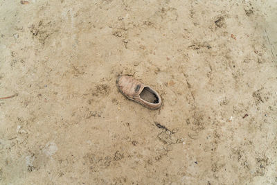 High angle view of abandoned shoes on sand