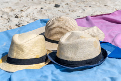 High angle view of hat on beach