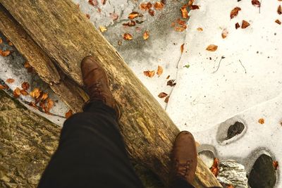 Low section of man wearing shoes while standing on wooden log 