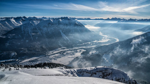 Aerial view of snowcapped mountains against sky