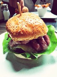 Close-up of burger on table