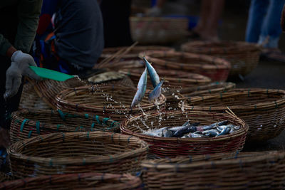 Buckets of fresh sardines fish at traditional seafood market, indonesia