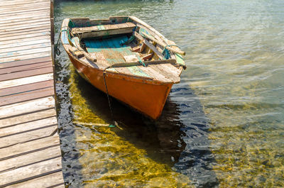 Abandoned boat moored at beach