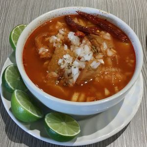 High angle view of soup in bowl on table