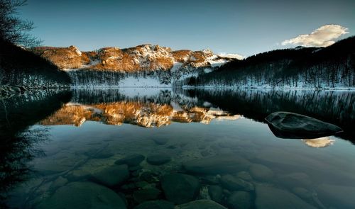 Scenic view of lake and mountains against sky