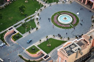 High angle view of swimming pool in city