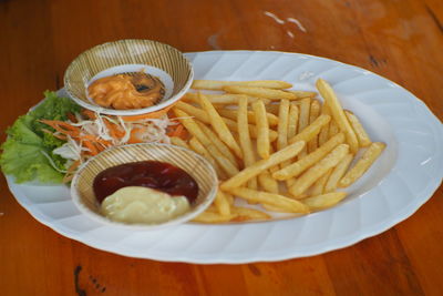 High angle view of food served on table