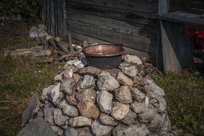 Wooden logs on field