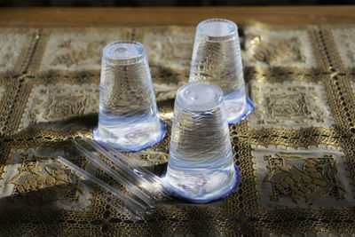 High angle view of water in glass on table