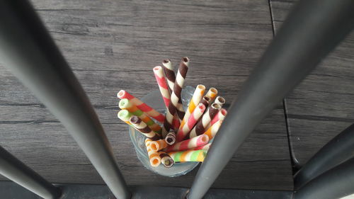 High angle view of multi colored pencils on table