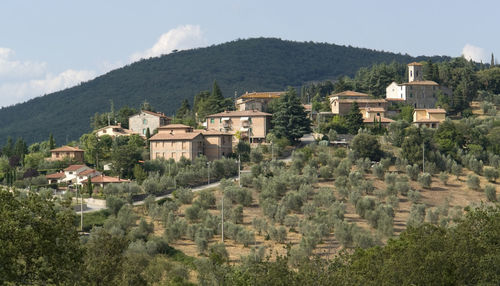 Houses by trees and mountains against sky