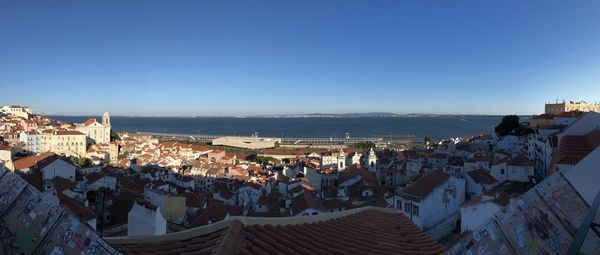 High angle shot of townscape against clear blue sky