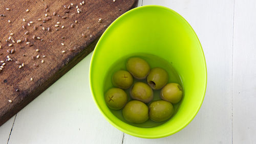 High angle view of fruits in bowl on table