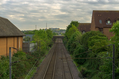 Railroad tracks amidst trees against sky