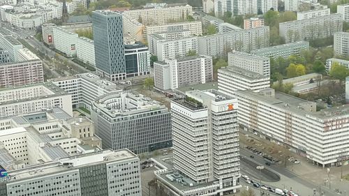 High angle view of modern buildings in city