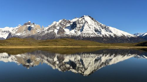 Scenic view of snowcapped mountains against clear blue sky