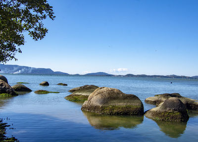 Scenic view of sea against clear blue sky