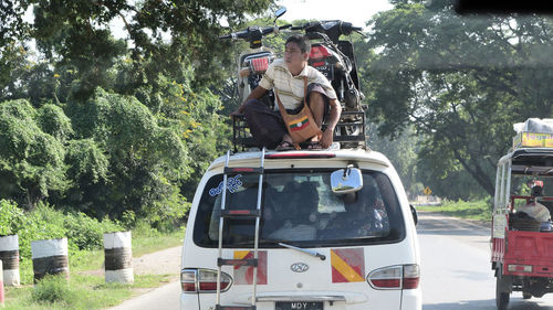 Rear view of people walking on road amidst trees