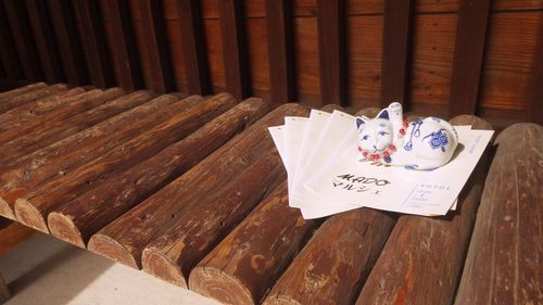 Close-up of wooden objects on wooden table