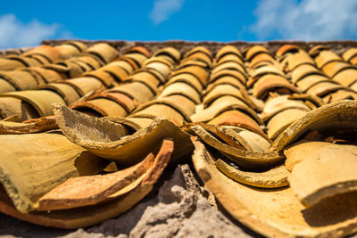 Close-up of roof tiles against sky