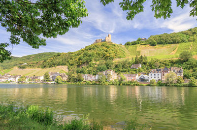 Scenic view of lake and buildings against sky